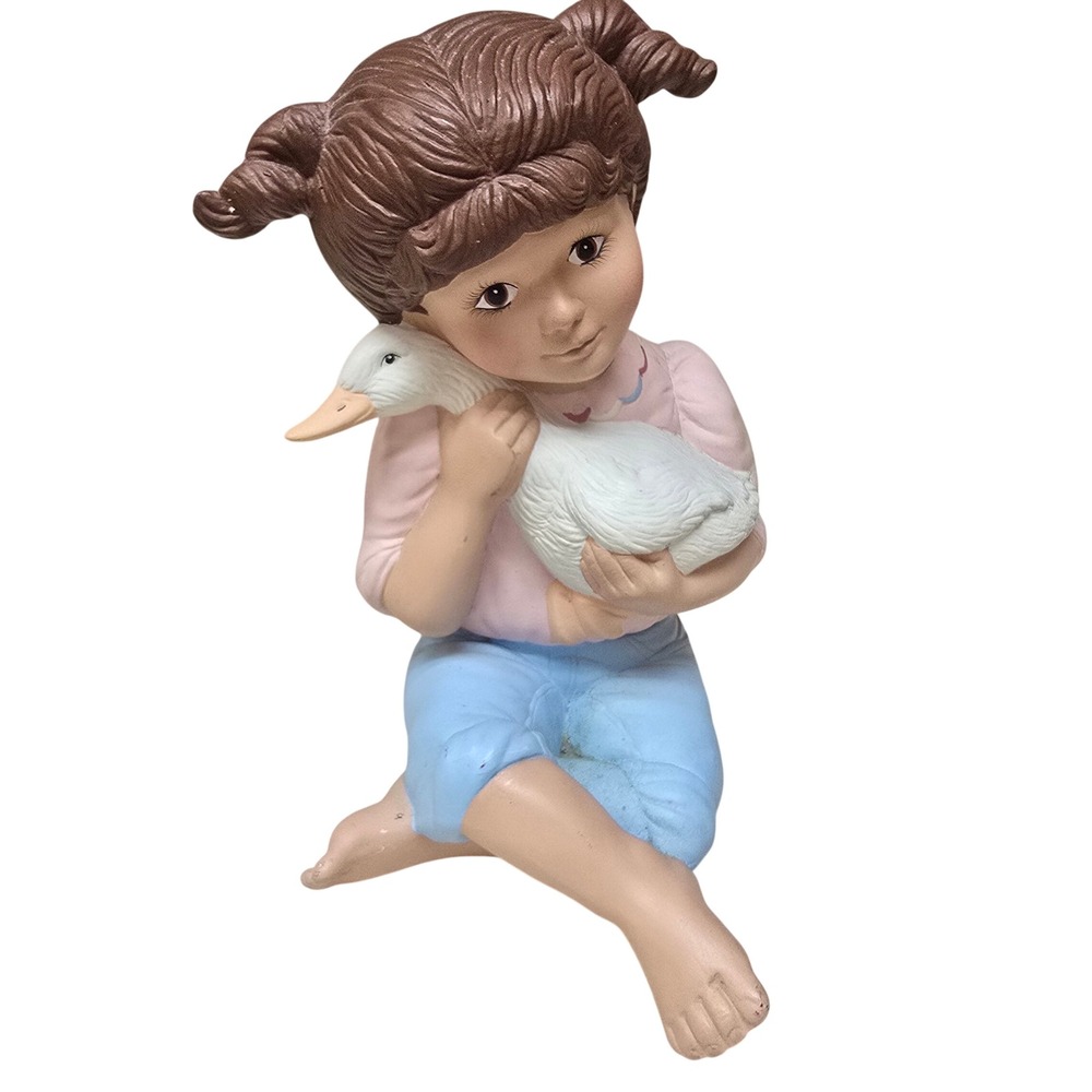 Vintage Ceramic Girl with Duck Figurine Cottagecore Pigtails Pink Blue 9.5"